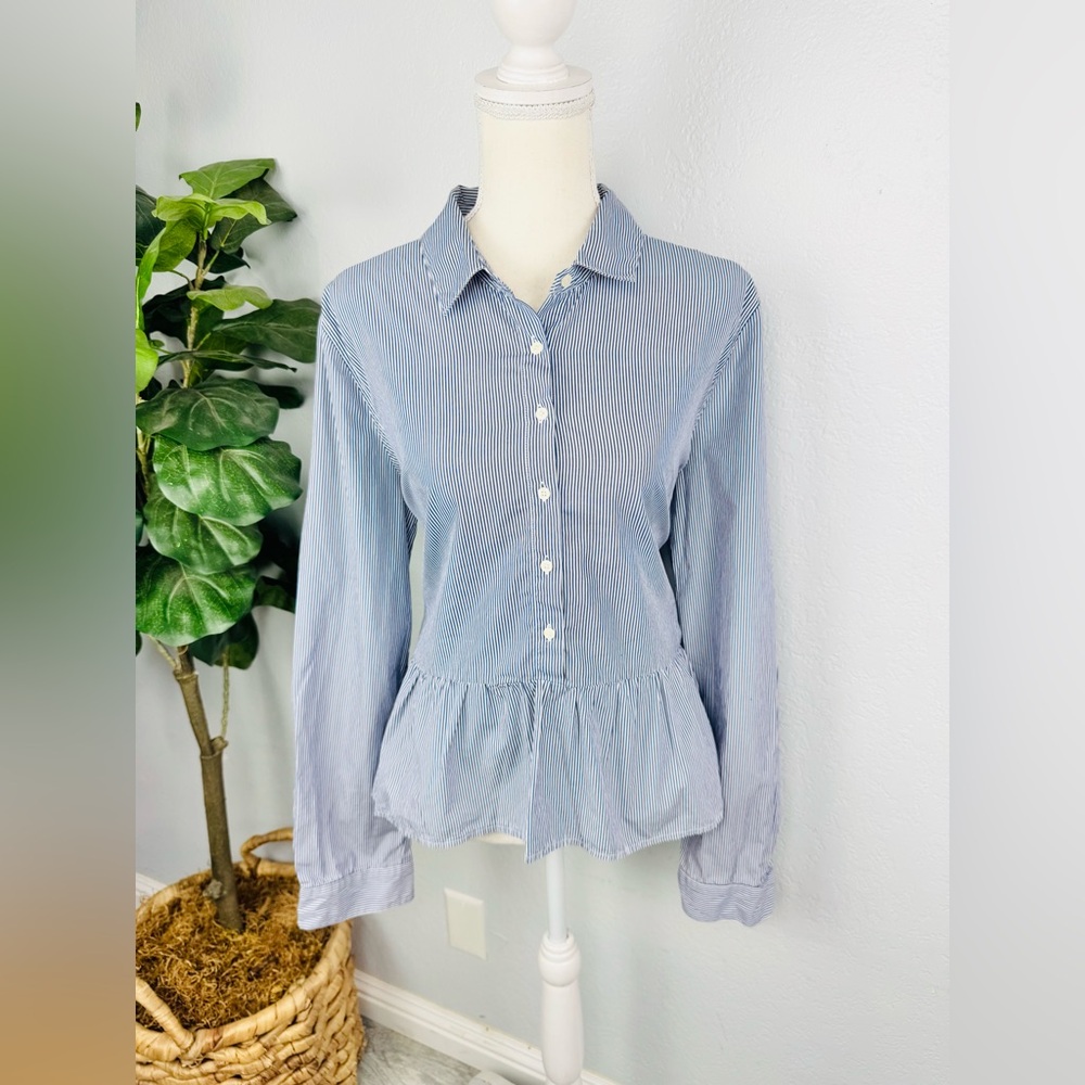 Tuckernuck Trovata Birds of Paradis Blue White Striped Peplum Button Down Top L